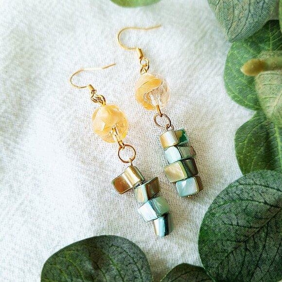 Handmade Mother of Pearl Earrings – Boho Chic Gold Dangle, Coastal Cowgirl - Picture 6 of 7